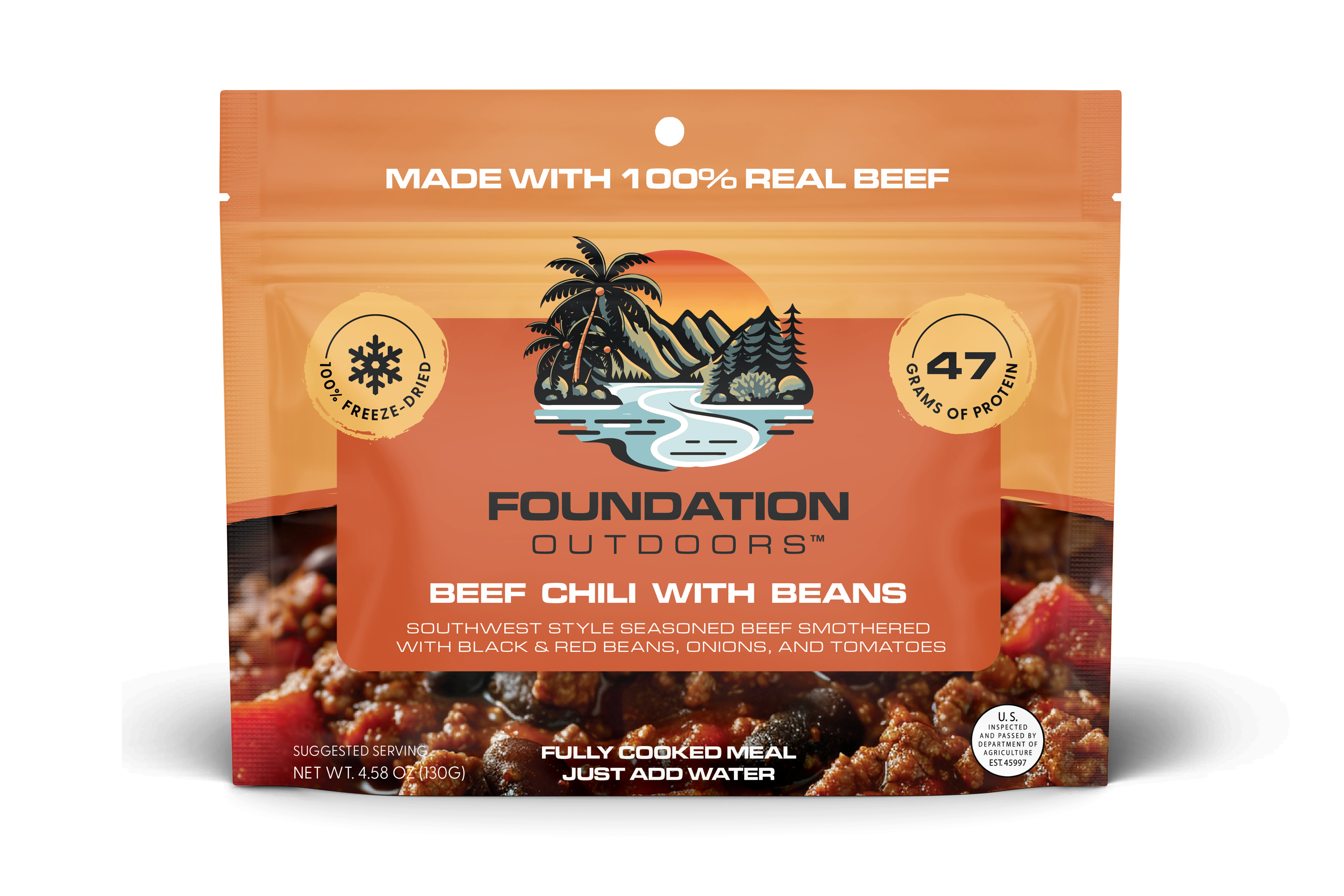 FOUNDATION Outdoors, Beef Chili with Beans Meal, 12 Pack Case